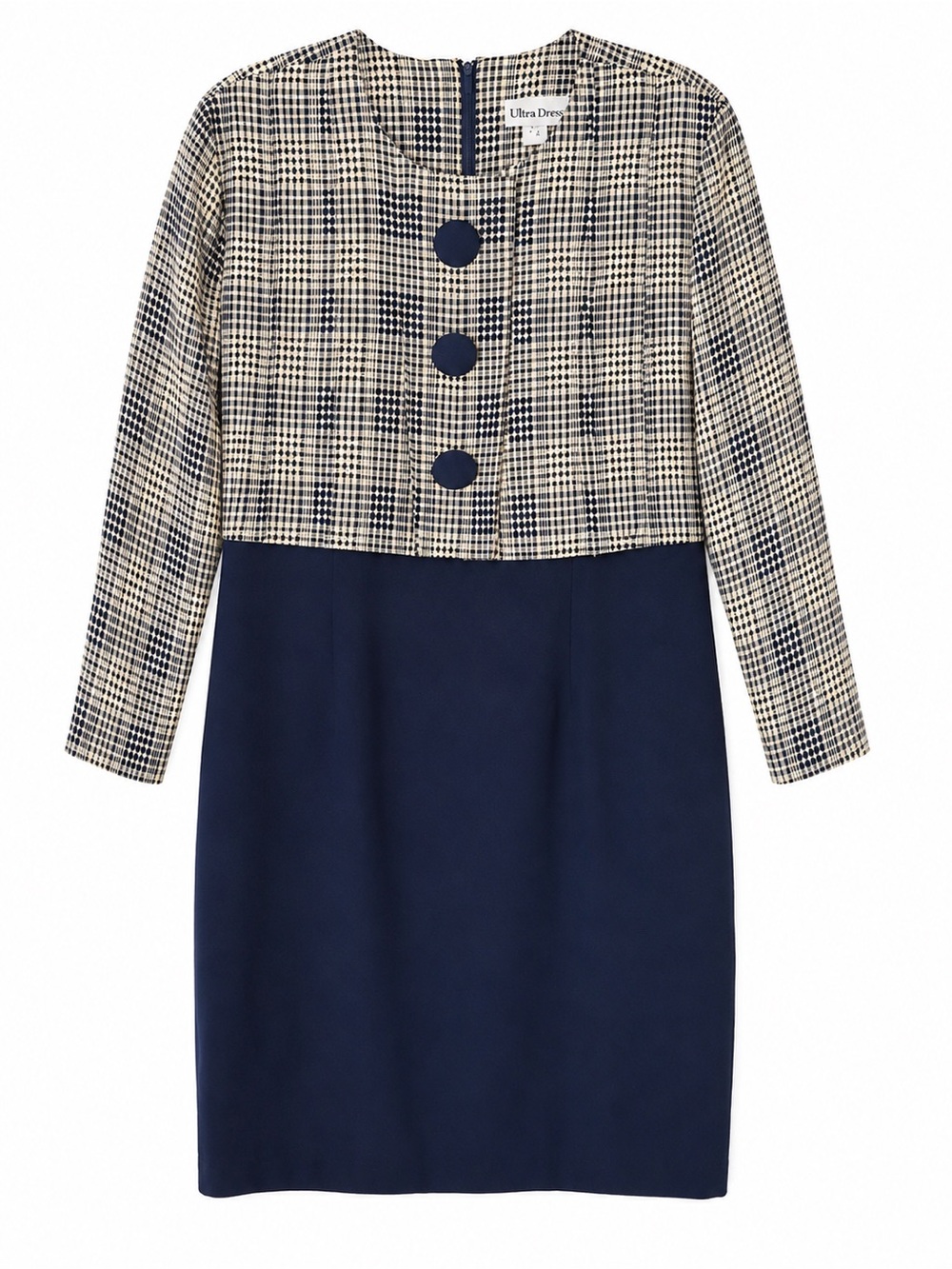Ultra Dress Size 14 Navy Plaid Overlay Dress Modest Career Church Vintage Style
